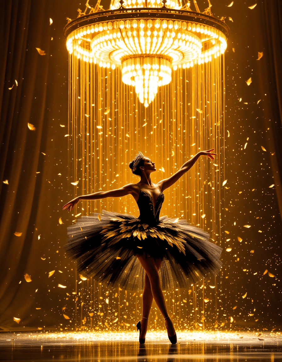 AI generated: A graceful ballerina in a dramatic black tutu adorned with golden feather patterns performs under an...