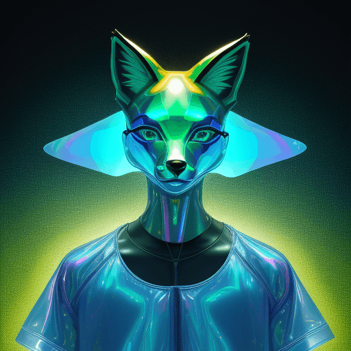 AI generated: 3D cartoon Fox Head with Human Body, Wearing Iridescent Holographic Liquid Texture & Translucent Mat...
