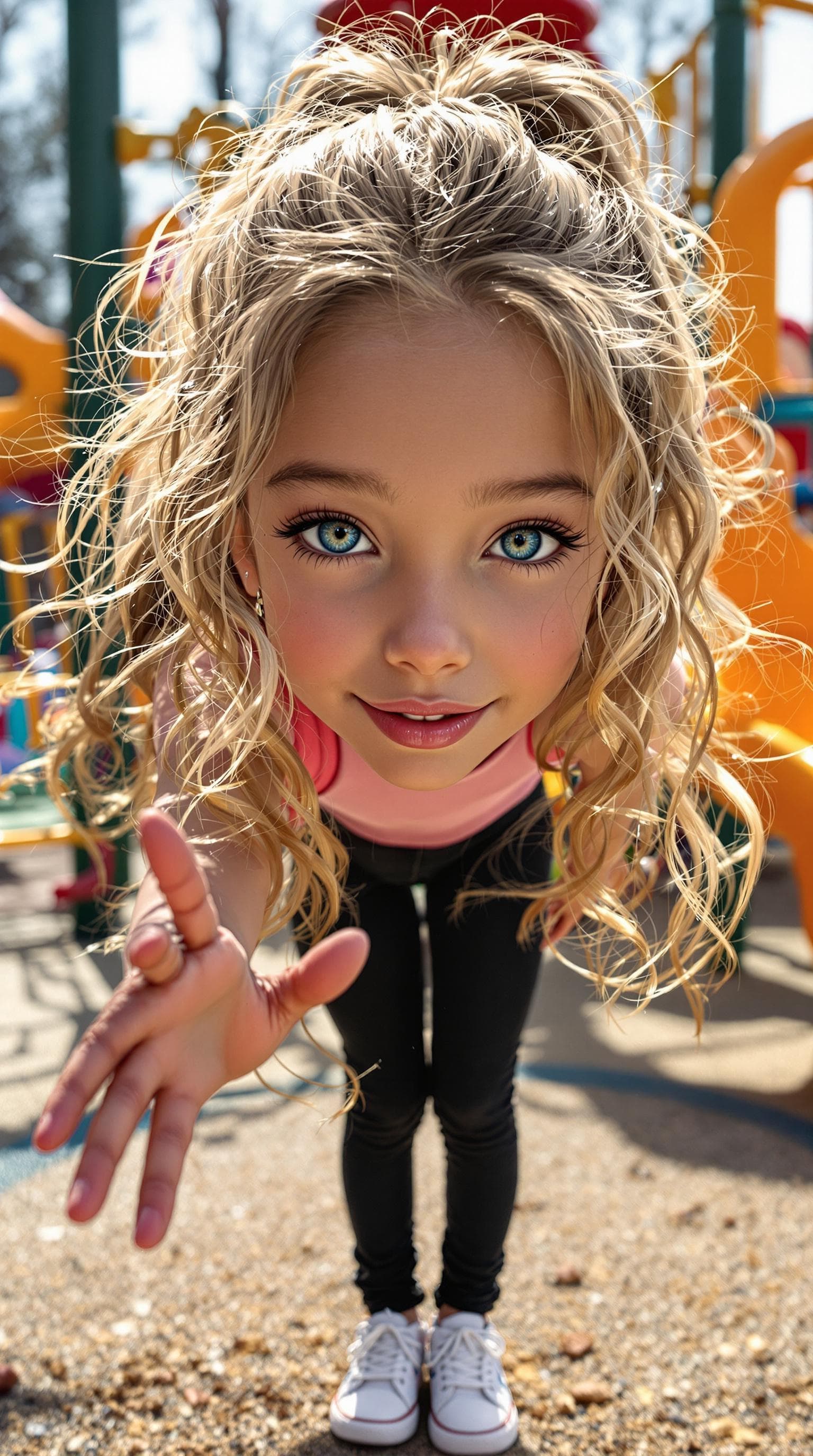 AI generated: a professional photo of a exceptionally beautiful girl in the world (age 9), Playing at a playground...