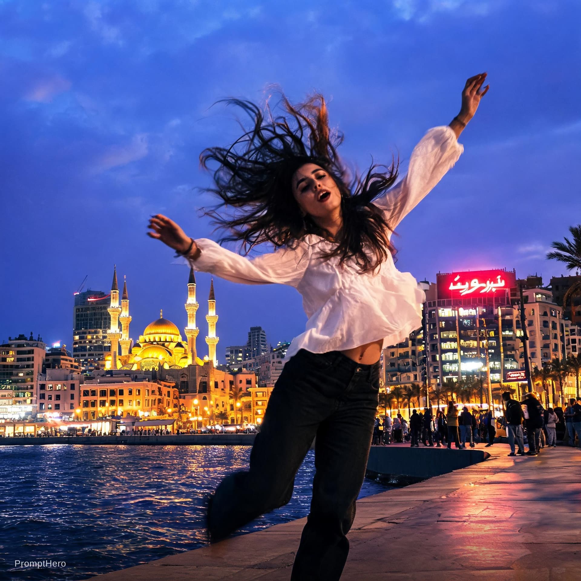 AI generated: girl dance wild in beirut in  High Dynamic Range