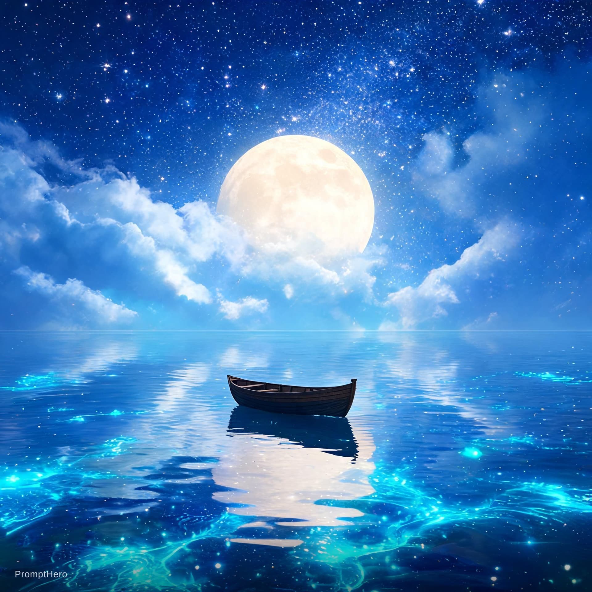 AI generated: Magical night scene, a calm ocean reflecting a starry sky with a giant glowing moon, a single wooden...