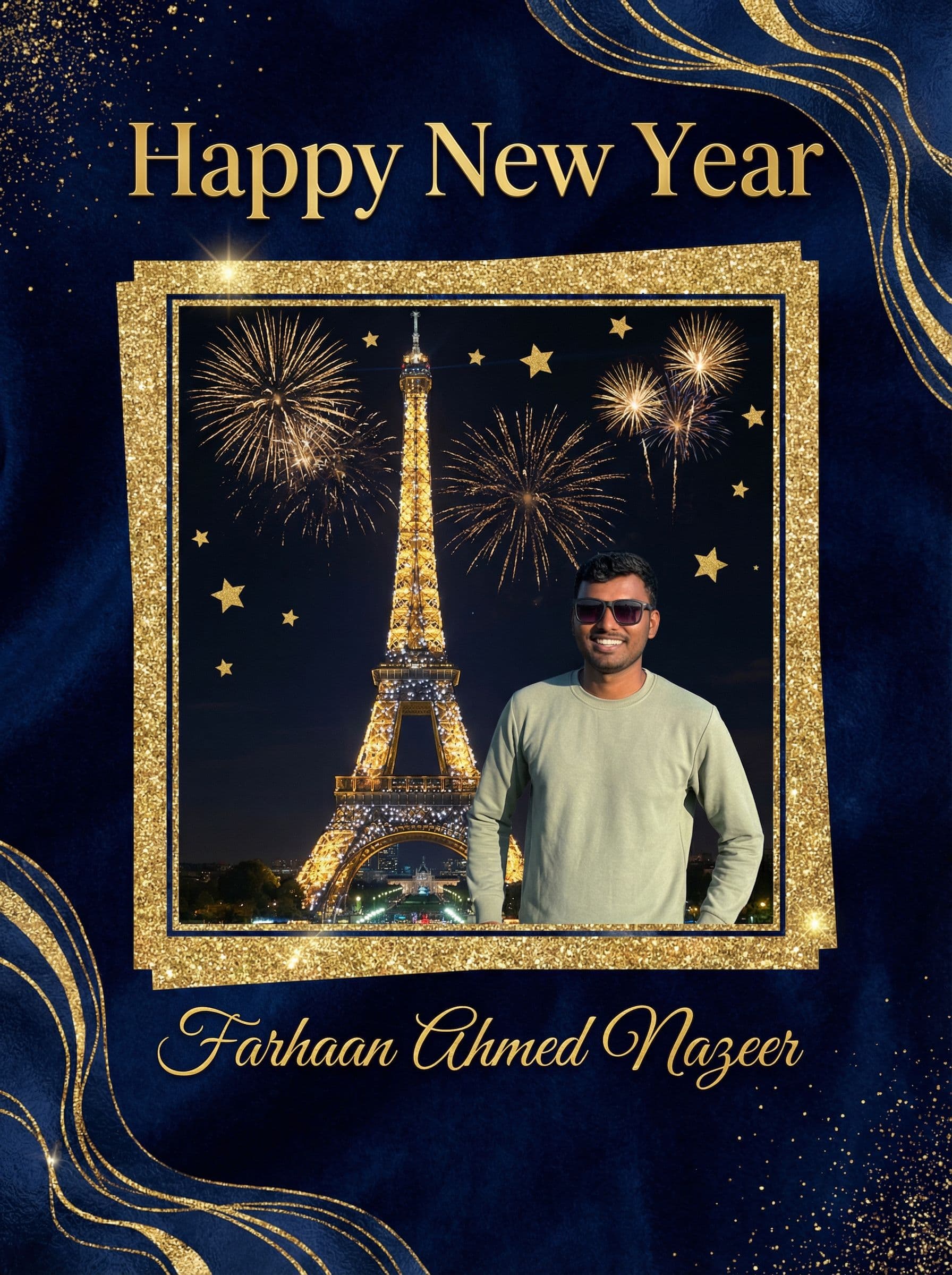 AI generated: Make a new year greetings card with my image which I have uploaded and add the name : Farhaan Ahmed ...