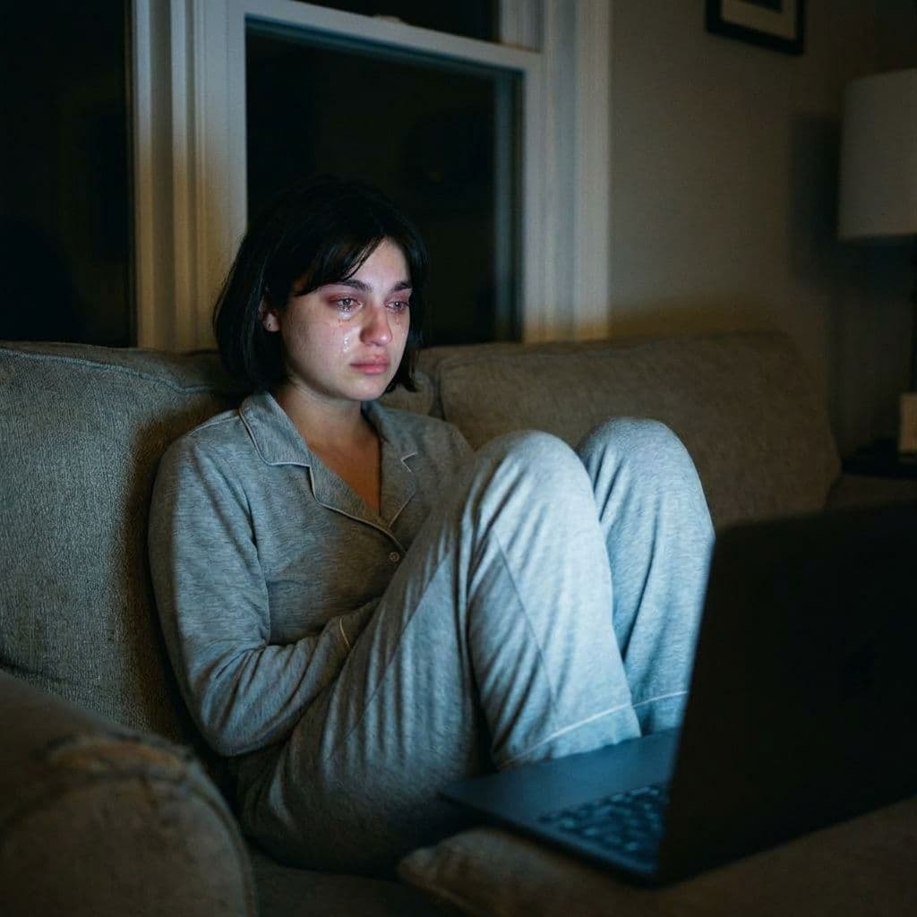 AI generated: A realistic photo of the same young woman from the reference image, sitting on a couch in her home a...