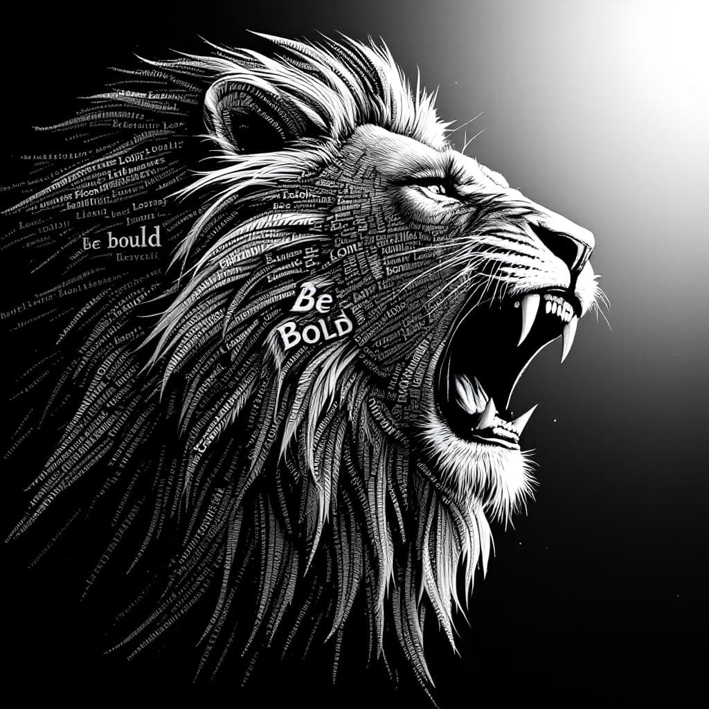 AI generated: A gigantic lion’s head roaring, made entirely from the words "Be Bold" woven into its mane.