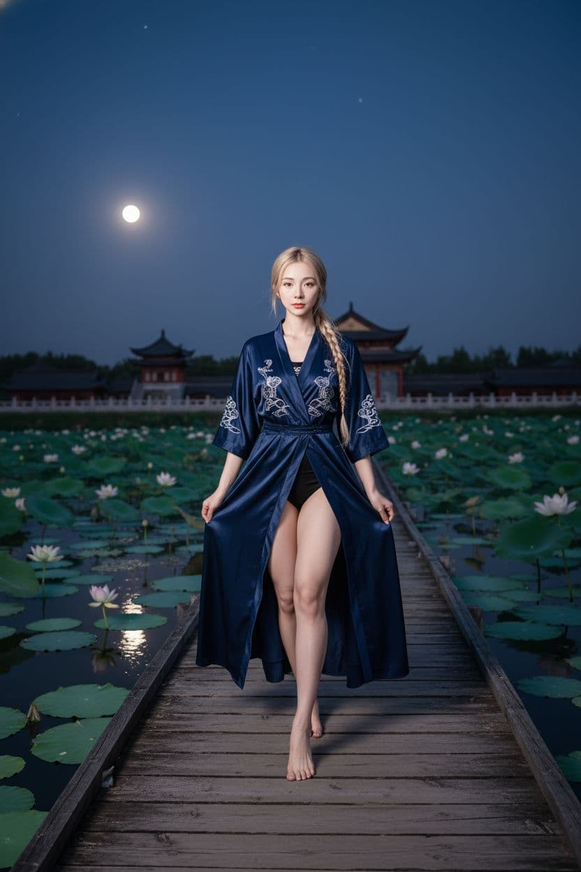 AI generated: petite woman with thick thighs and round hips walking barefoot on wooden pier over moonlit lotus pon...