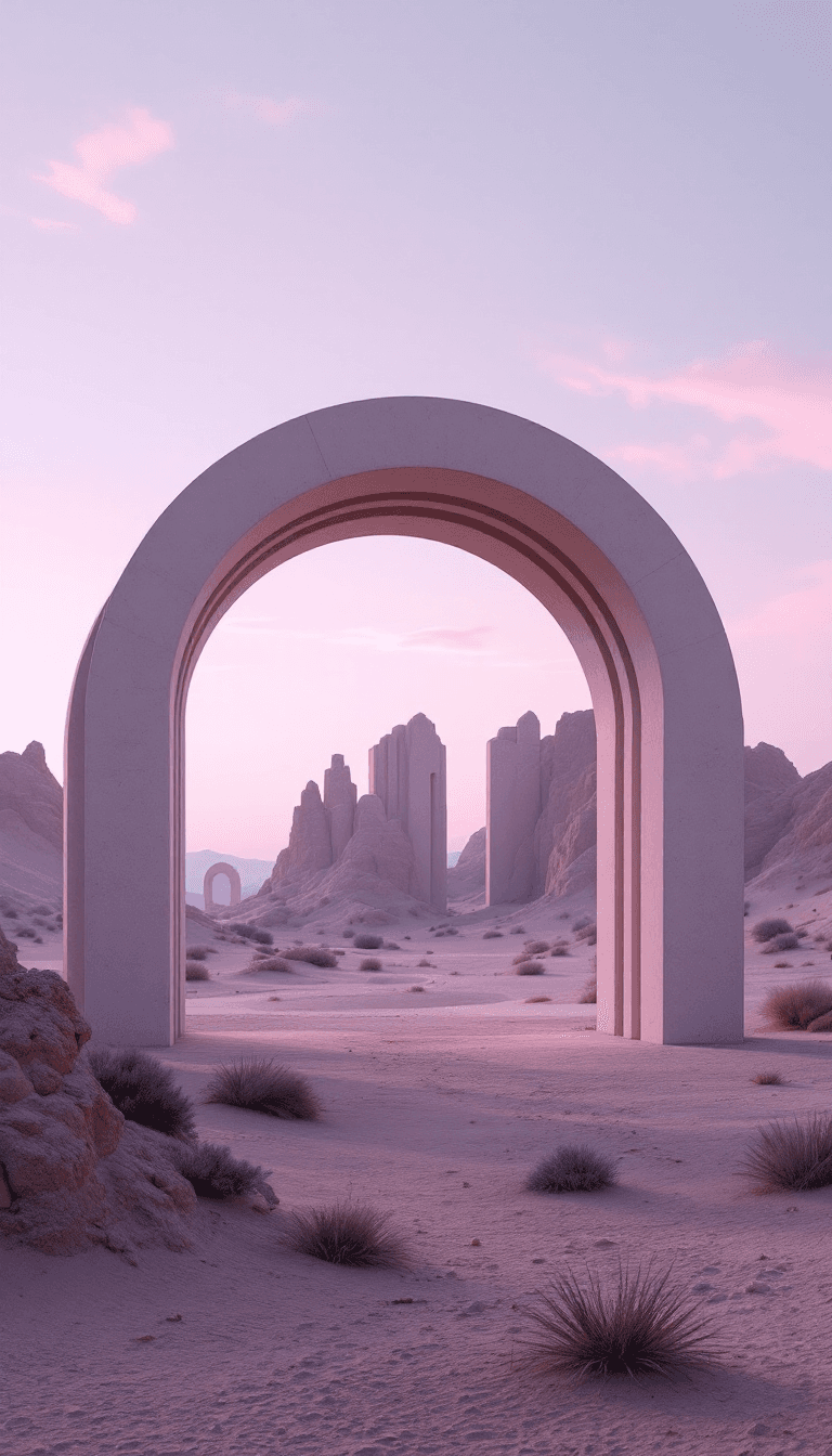 AI generated: brutalist architectural structure made of columns and arcs placed in the serene surreal desert, desi...
