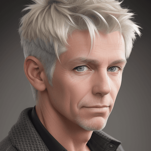 AI generated: photo of an attractive blonde with gray streaks man with short hair, 50 years old, looking at the ca...