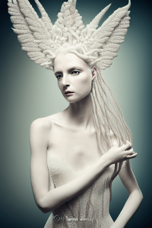 AI generated: Portrait of a beautiful queen-roots-angel, long elegant intricate ornamental roots white dress, porc...