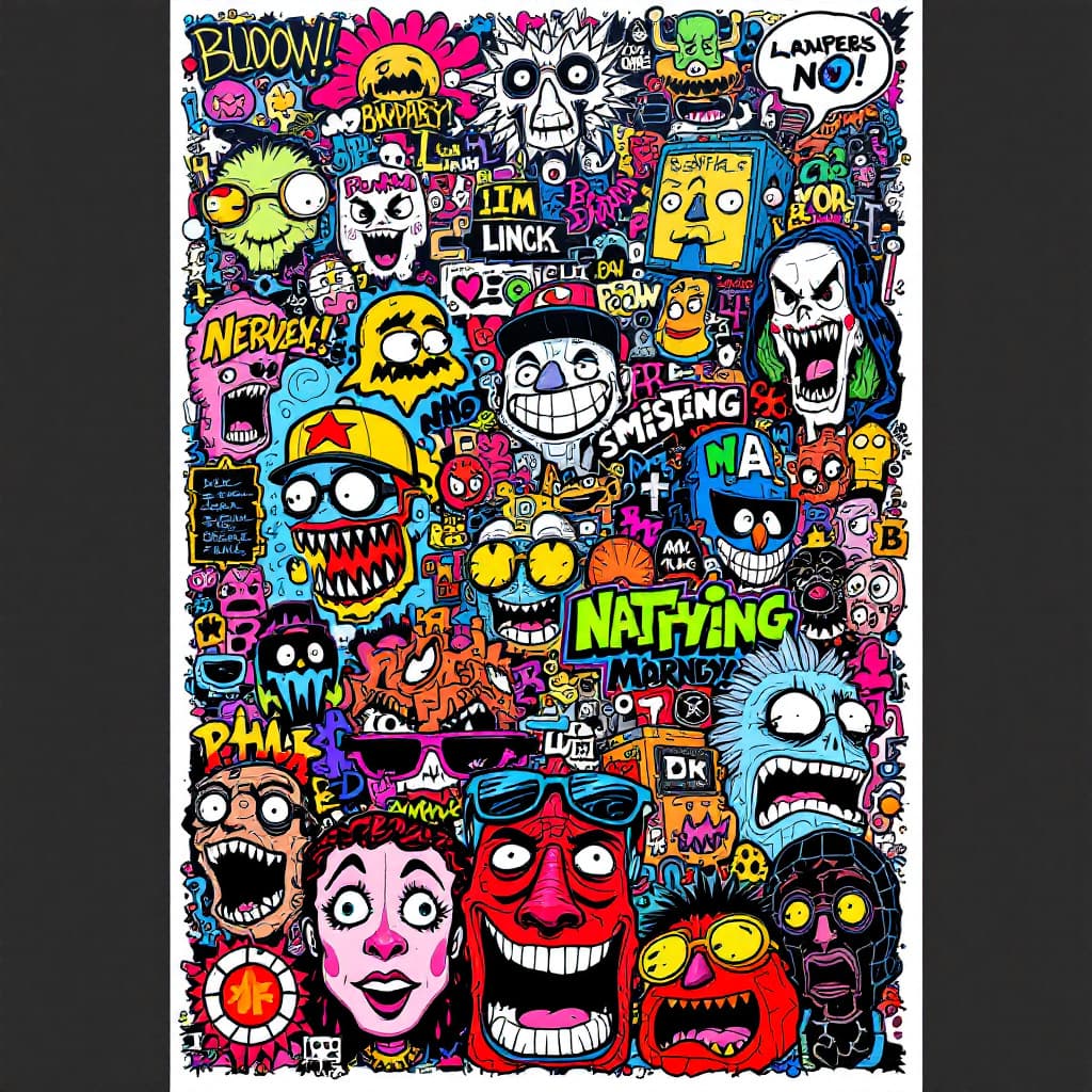 AI generated: An intricate and colorful graffiti-style poster featuring various elements, such as cartoon characte...