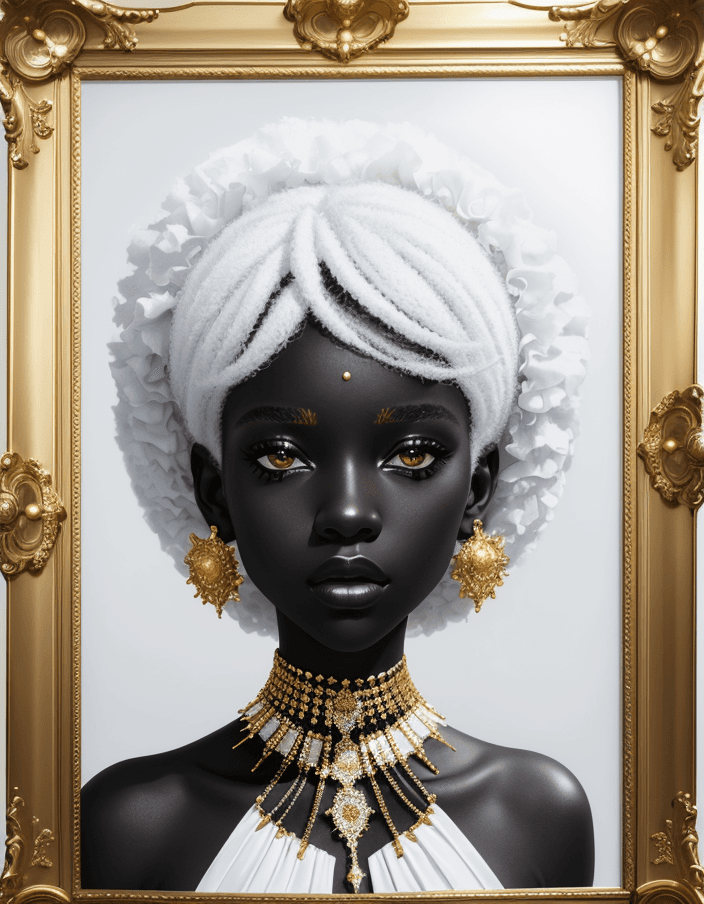AI generated: Very beautiful teenage girl, very black skin, white background, lots of shine, golden clothes . this...