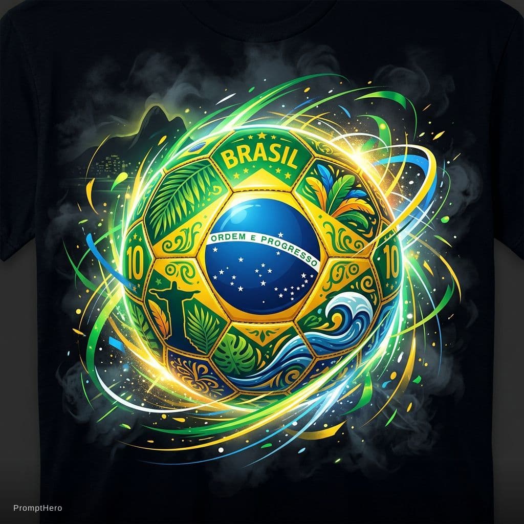 AI generated: Tshirt illustration, Brazilian-themed soccer ball, hd, DreamWorks Animation, Andreas Achenbach, svg,...