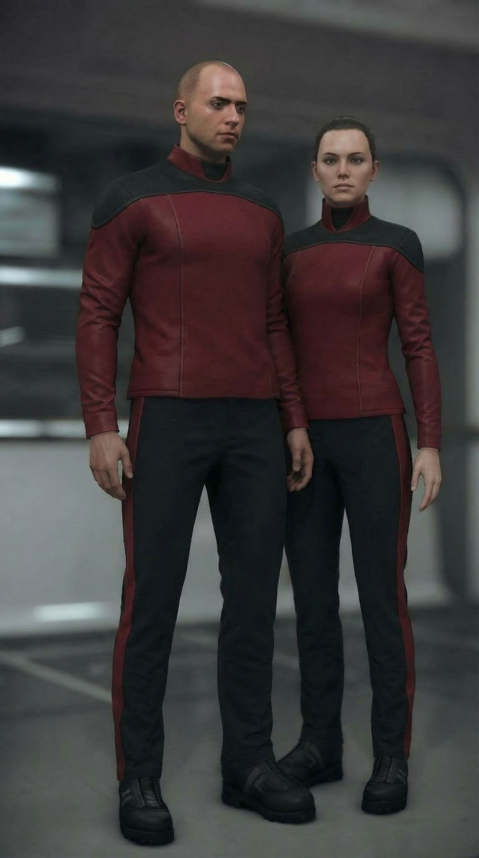AI generated: Create a Sci-Fi uniform. Use the reference image and turn all blue to red. The color of the uniform ...