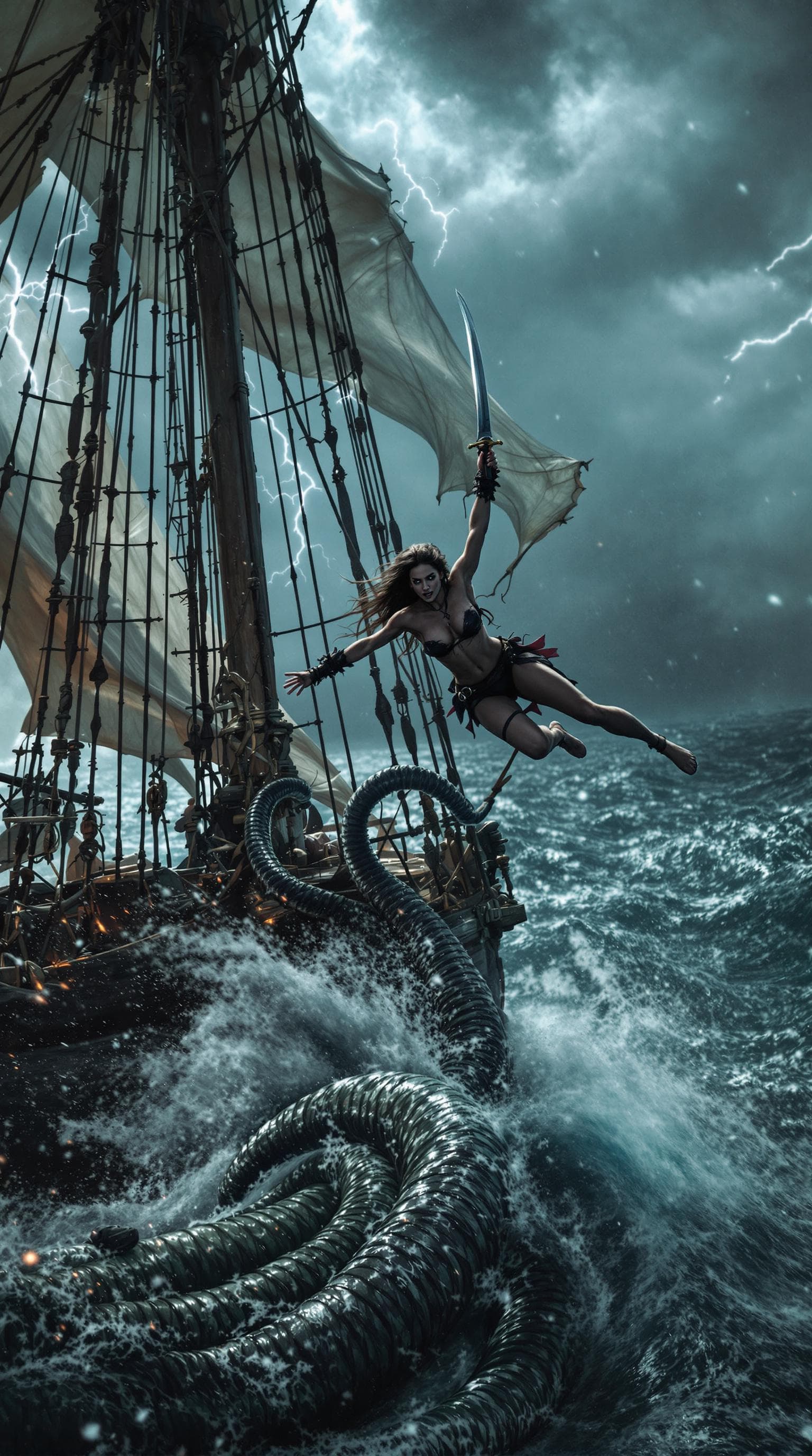 AI generated: Movie quality Side view Action scene: Amidst the tempestuous Caribbean sea, a beautiful but fierce a...