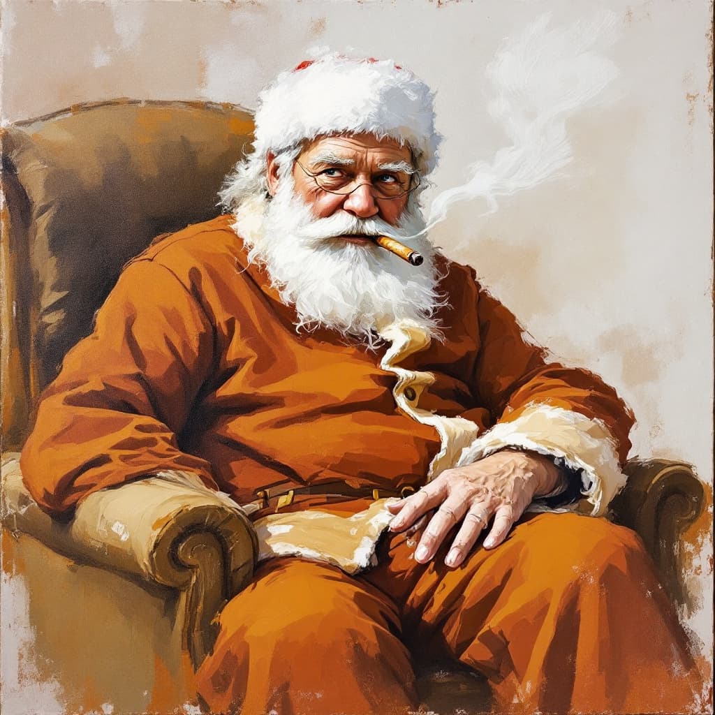 AI generated: impressionist painting on canvas of In a few spatula strokes, the human figure of Santa Claus is pai...