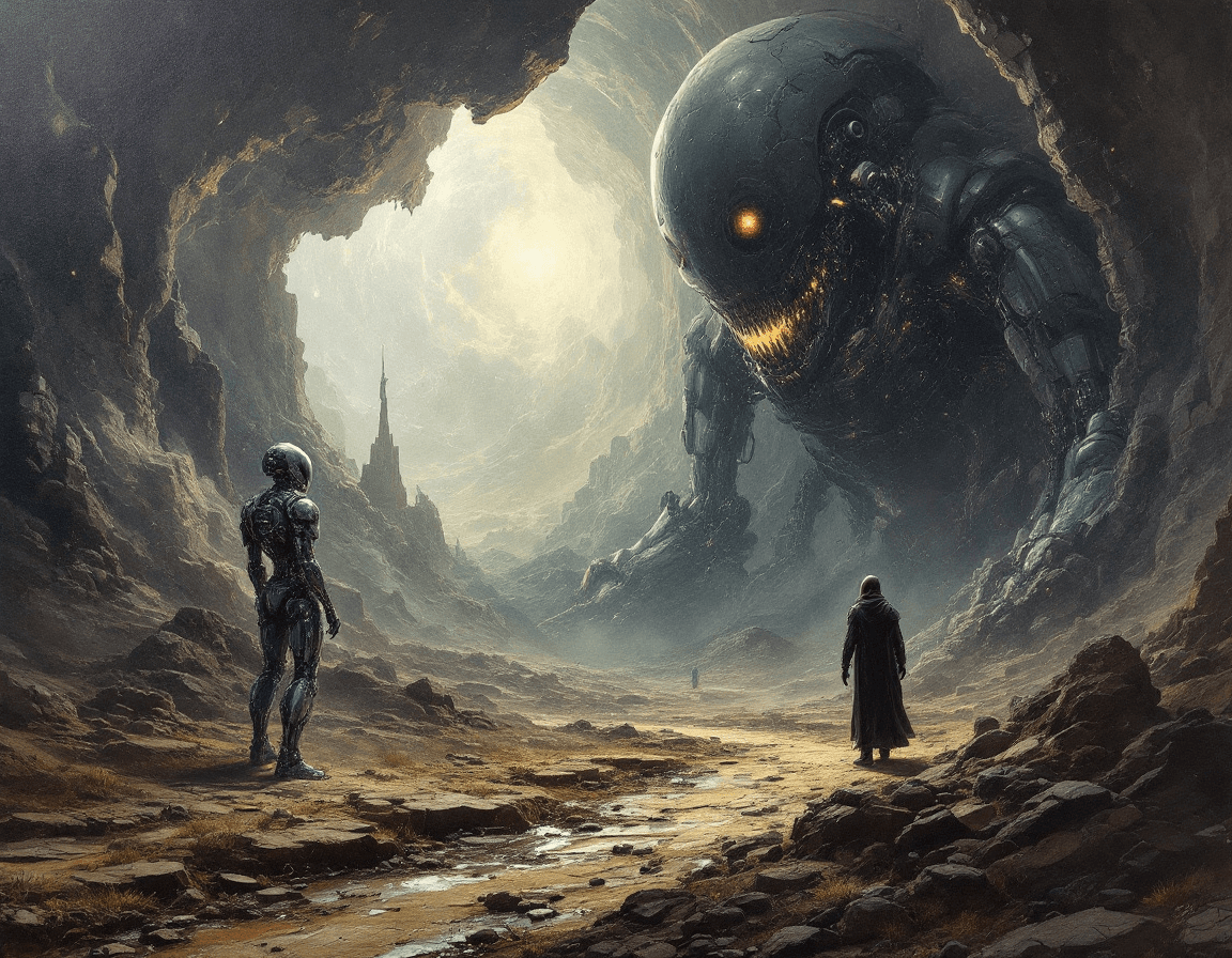 AI generated: The day the machines became god, a scene of dark sci-fi, painted by Kelly Freas, highly realistic, h...