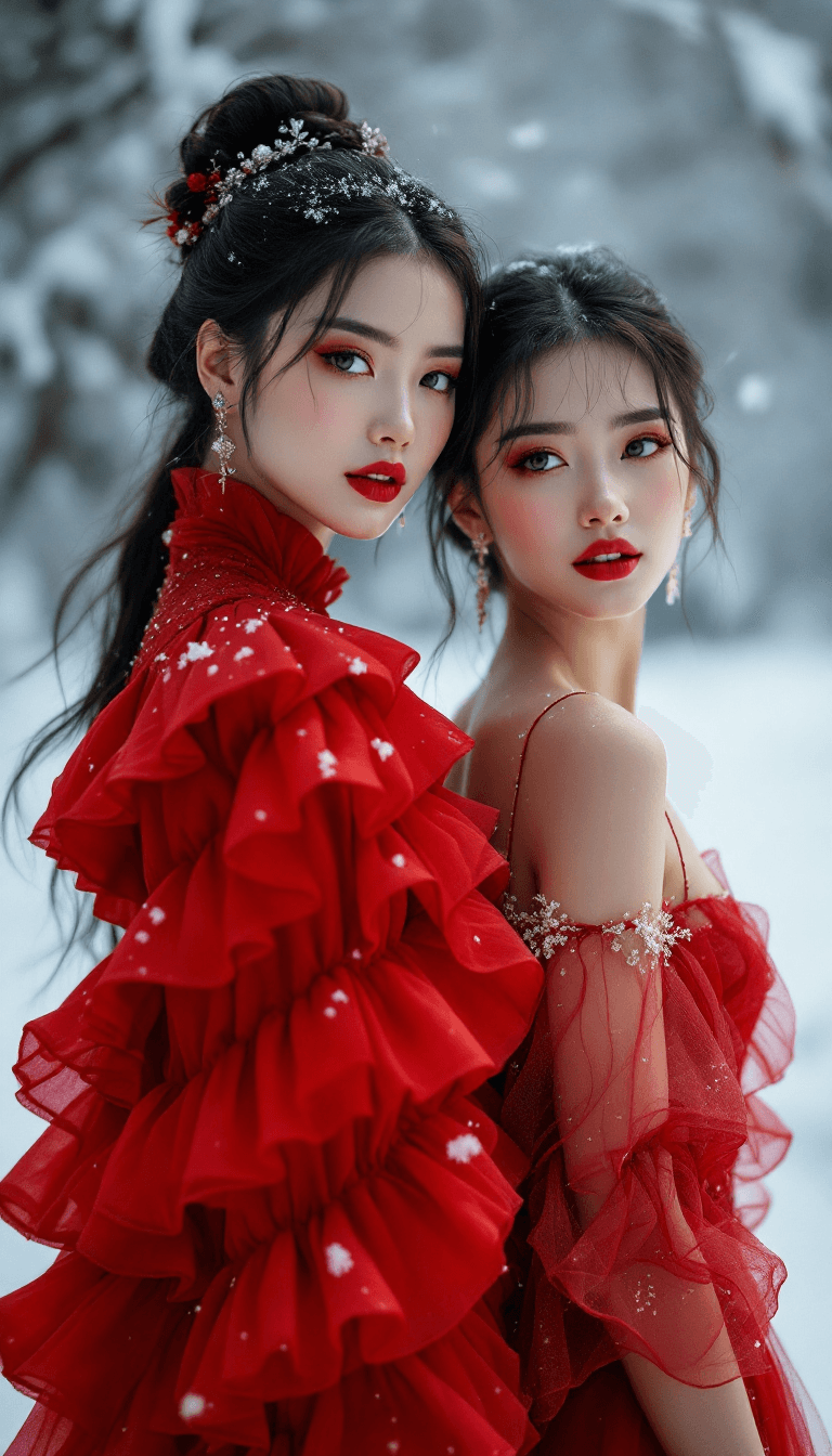 AI generated: fashion photoshoot of cute 2 Chinese women , wearing a red haute couture ruffled dress, on a snowy d...