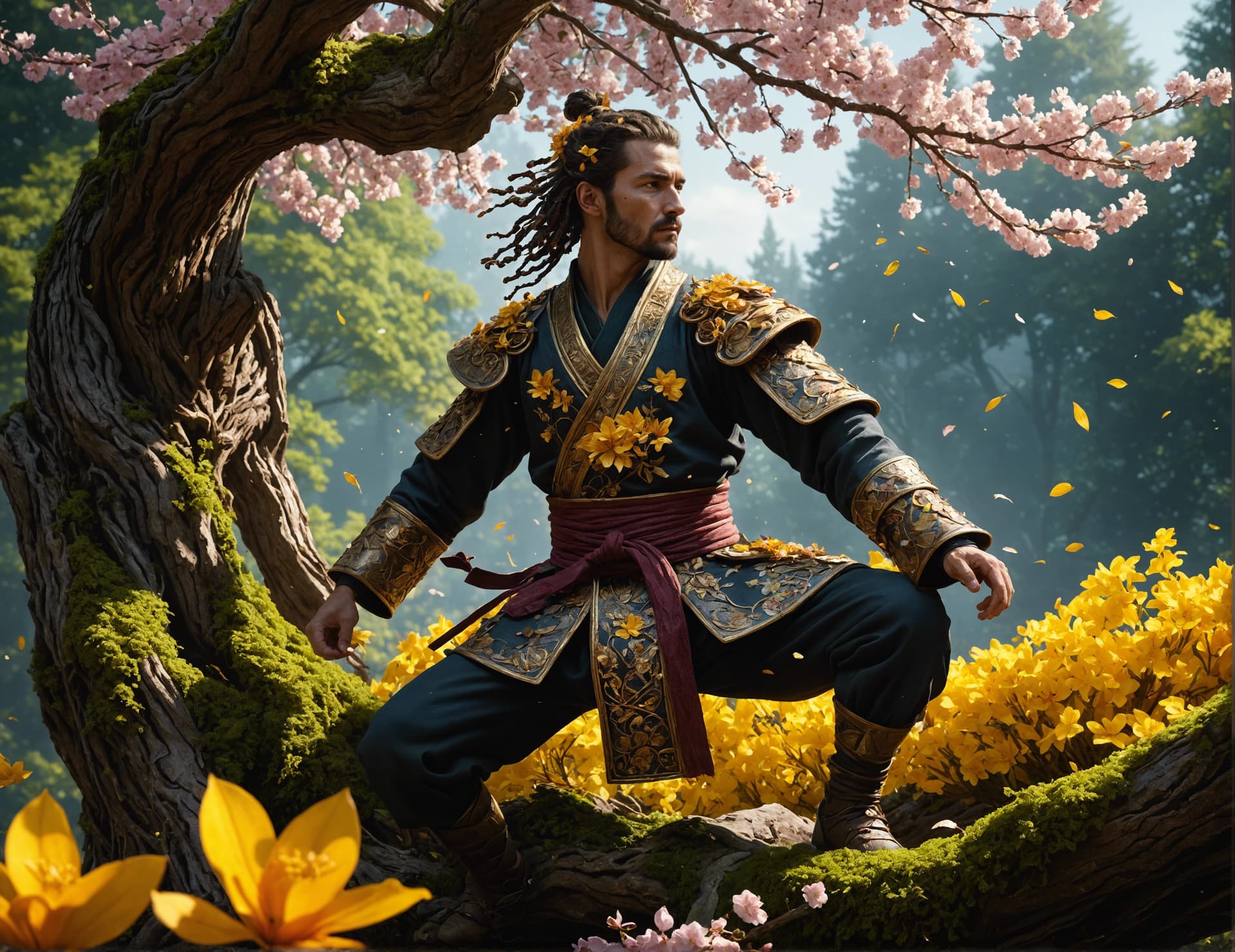 AI generated: person made of tree, bark for skin, leaf hair, covered in flowers, martial arts pose fantasy charact...