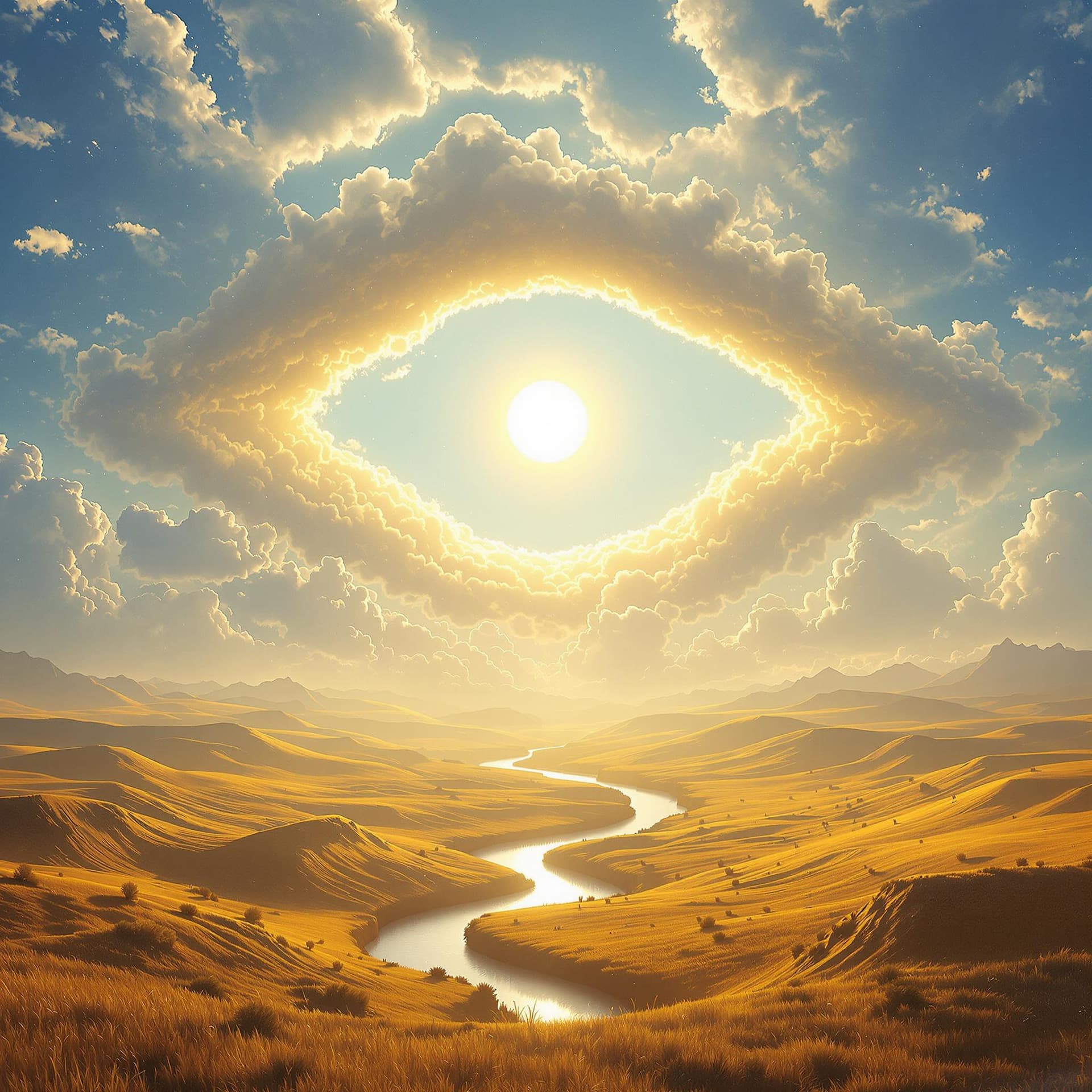 AI generated: A surreal, bright, hyperrealistic landscape bathed in golden morning light. Puffy clouds form a gent...