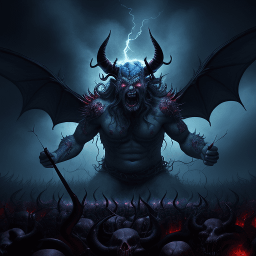 AI generated: insanely detailed photorealistic fantasy art of the demon Buanomish shooting arrows at many skulls i...