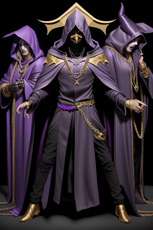 AI generated: Shadow wizard money gang, in purple cloak hood, dark face, gold chains and jewellery