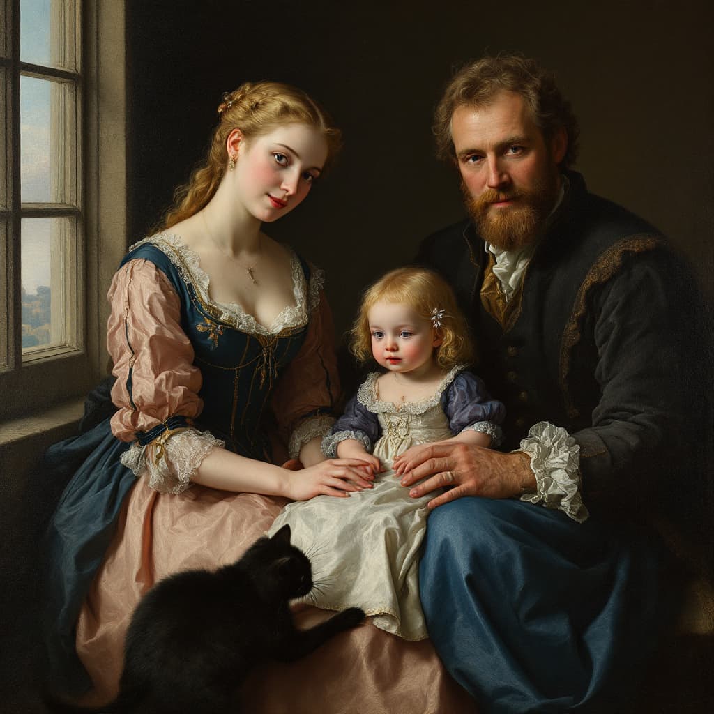 AI generated: family portrait 1600s Dutch painting of 3-year-old blonde Helena van der Schalcke with her family, m...