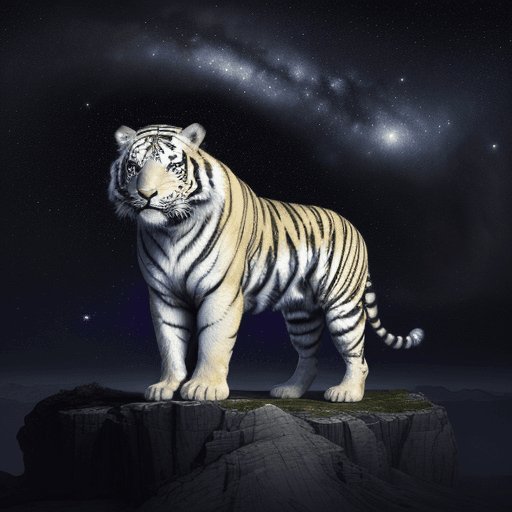 AI generated: The image features an art painting of white tiger sitting in a cosmic setting, surrounded by a starr...