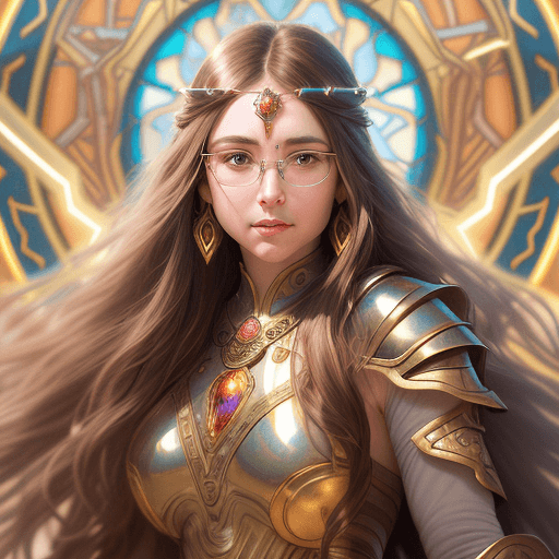 AI generated: beautiful female warrior, long brown hair, Big Forehead, Oval Face, Big big Brown Eyes, glasses, big...