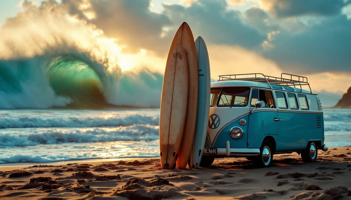 AI generated: A highly detailed distant ,ultra high definition pro photo of a five surfboards standing in the sand...