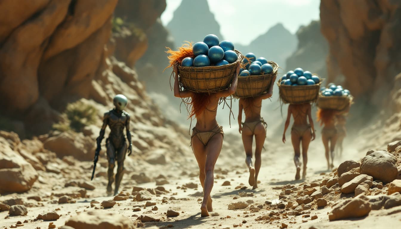 AI generated: full body shot, Vibrant orange-haired woman, mid-20s, barefoot, dirty with dust, in a stone heap, ca...