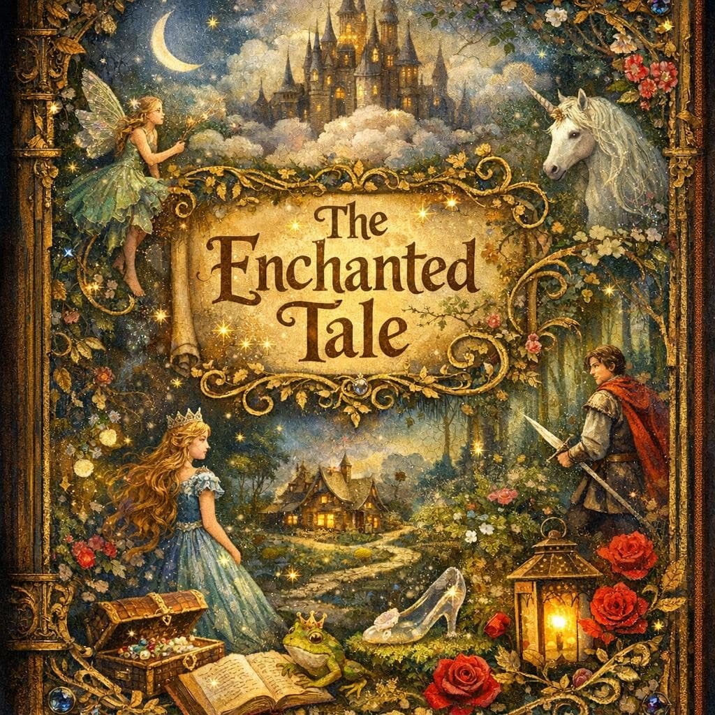 AI generated: Elaborate fairy tale book cover, mixed media style, enchanting mood. Bing
