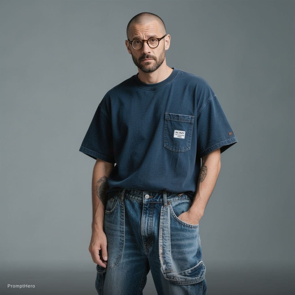 AI generated: photograph, front view, professional model, man, shaved hair and neat beard with horn-rimmed glasses...