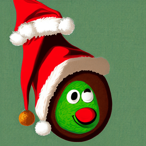 AI generated: A whimsical, high-resolution digital illustration showcases a cartoon avocado donning a festive Sant...
