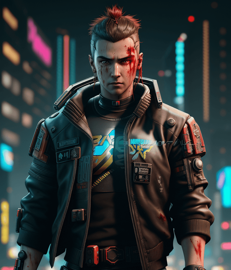 AI generated: a male protagonist of cyberpunk 2077 with a tuft, brown hair, red eyes, oily complexion, while killi...