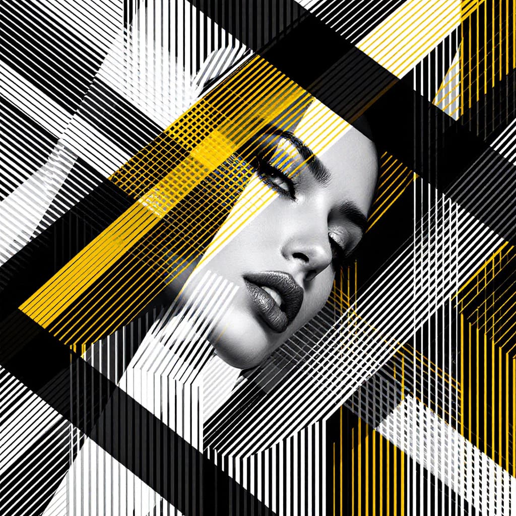 AI generated: contemporary abstract art, dynamic, woman model face, side view, intersection of lines creating a vi...