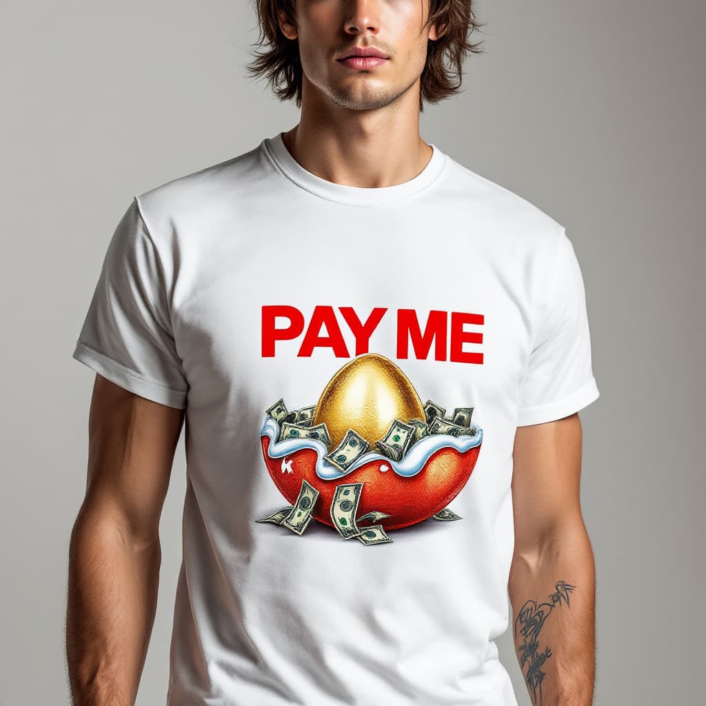 AI generated: Photorealistic photoshoot for fashion catalog of clothing brand [PAY ME]. Model in modern stylish wh...