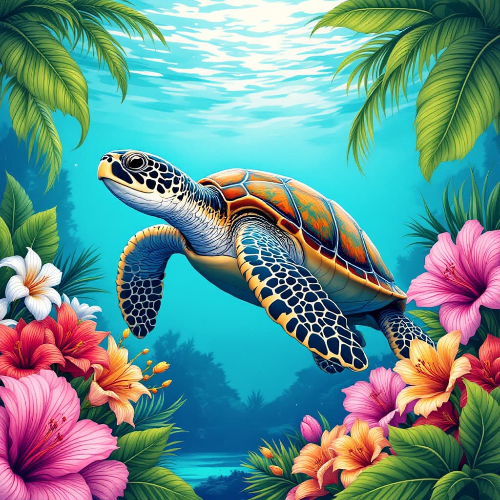 AI generated: Hawaiian sea turtle swimming under crystal-clear waves, tropical flowers around, vector style, t-shi...