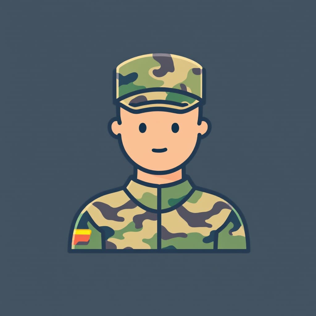 AI generated: Minimalist flat icon design of a military recruit; simple uniform with camouflage pattern; simple li...