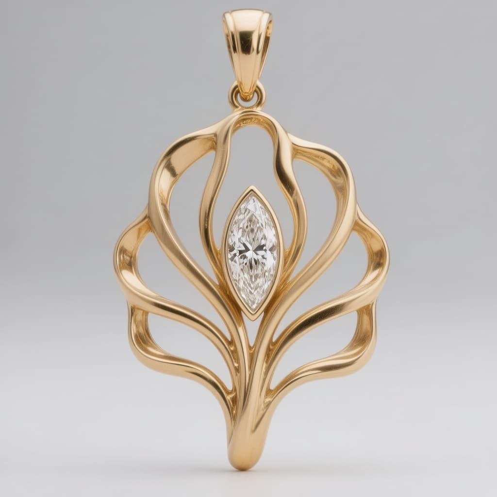 AI generated: Elegant organic luxury pendant in 18K yellow gold inspired by flowing botanical and floral forms. Th...