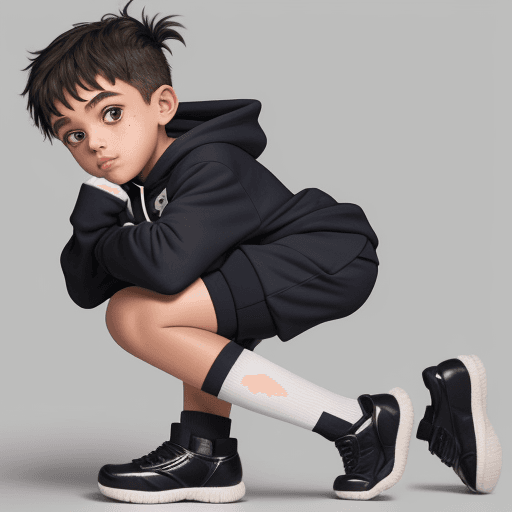 AI generated: A 12 year old boy cute boy big eyes, wearing shoes and gloves and long socks and shorty swimmer and ...