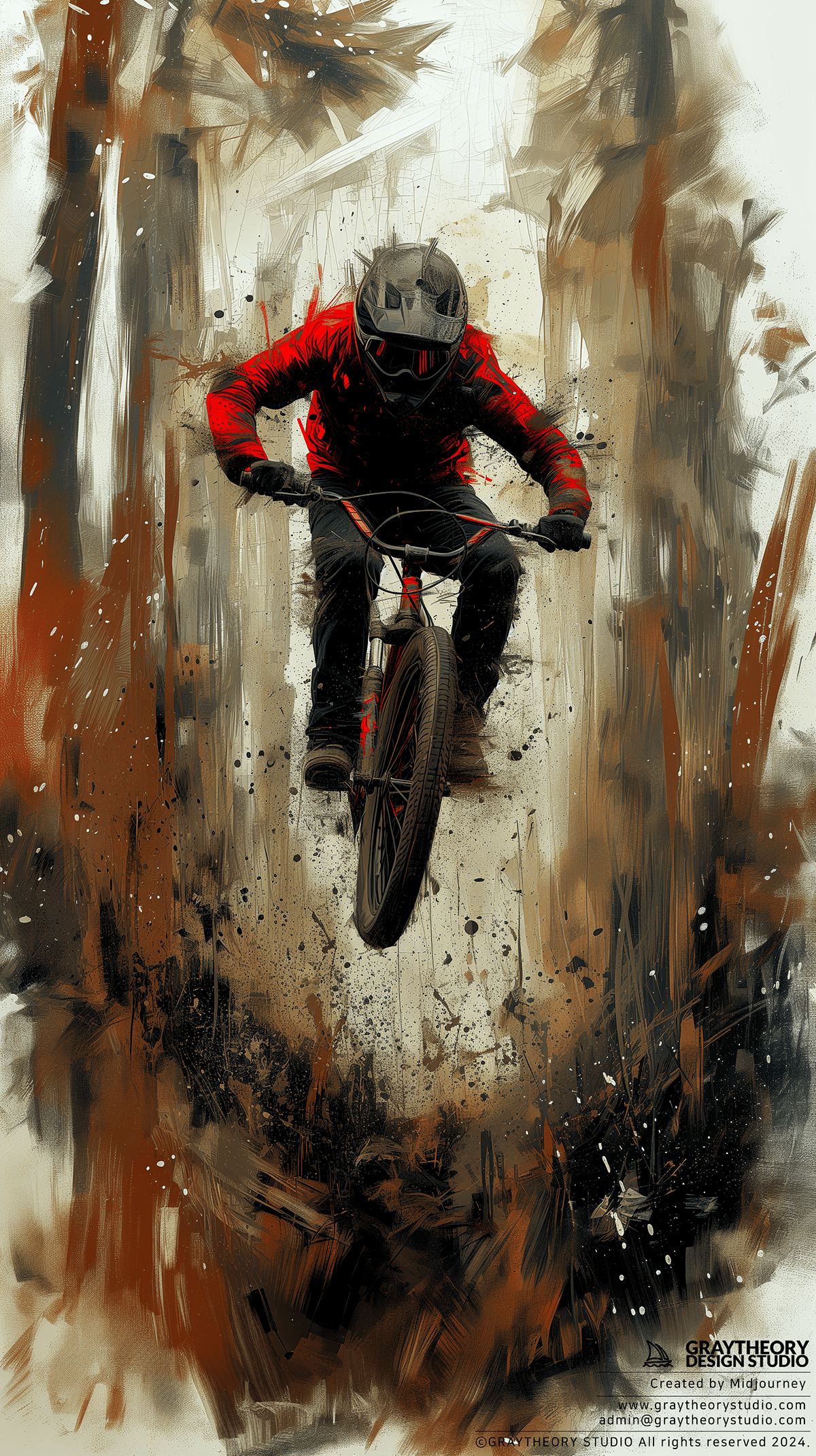 AI generated: artistic, strong rough painting art, BMX riding man with big air jump, strong and rough brushed, flu...