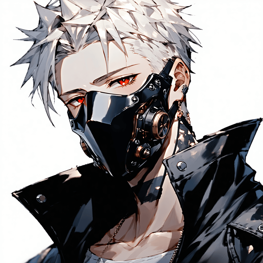 AI generated: A digital art close-up of a male character with white spiky hair, around 22 years old, wearing a glo...