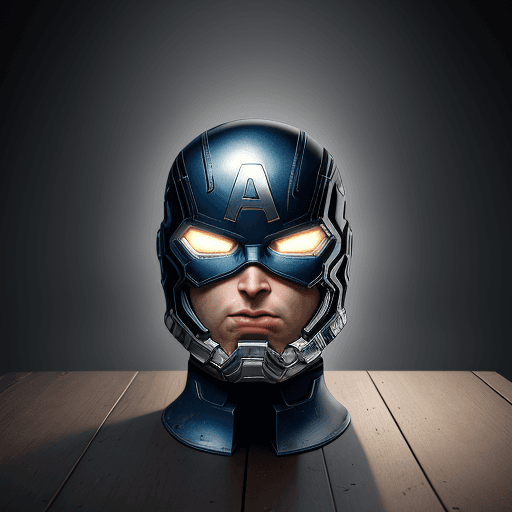 AI generated: helmet on the table with the design and character of captain america  The helmet is gold and blue da...