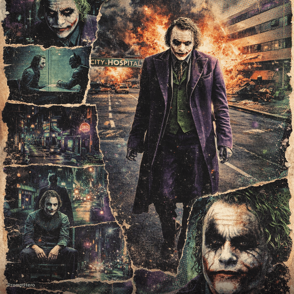 AI generated: A retro vintage collage design of Heath Ledger as the Joker. The central image shows him walking in ...