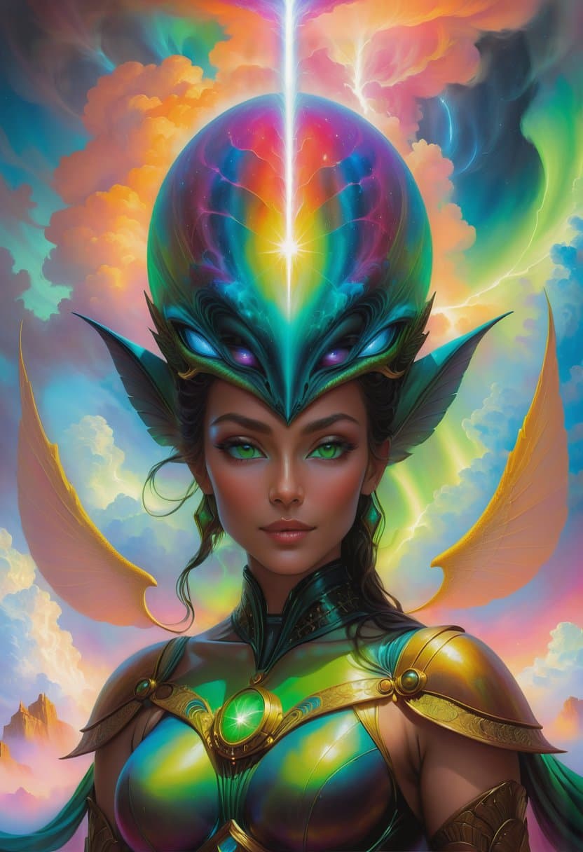 AI generated: a detailed painting portrait inspired by moebius and beksinski of a vibrant friendly alien with auro...