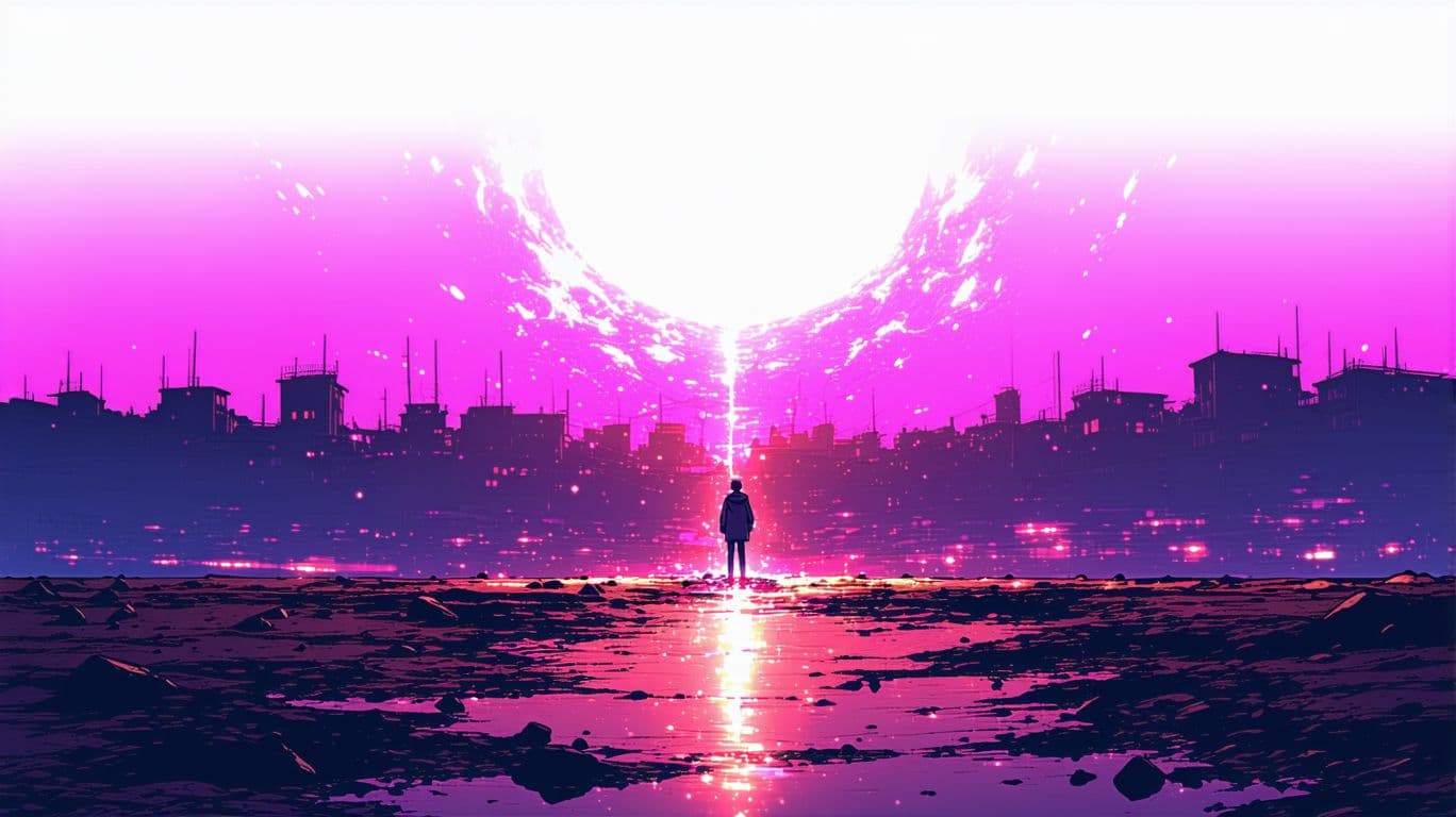 AI generated: end of the world sad anime illustration ((anime) ),from front, 8K FHD , ((8K 8K )),Quality ,,lover 
