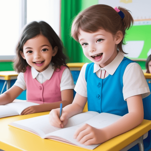 AI generated: happy children 7 years old in a bright classroom learning english best quality 4k