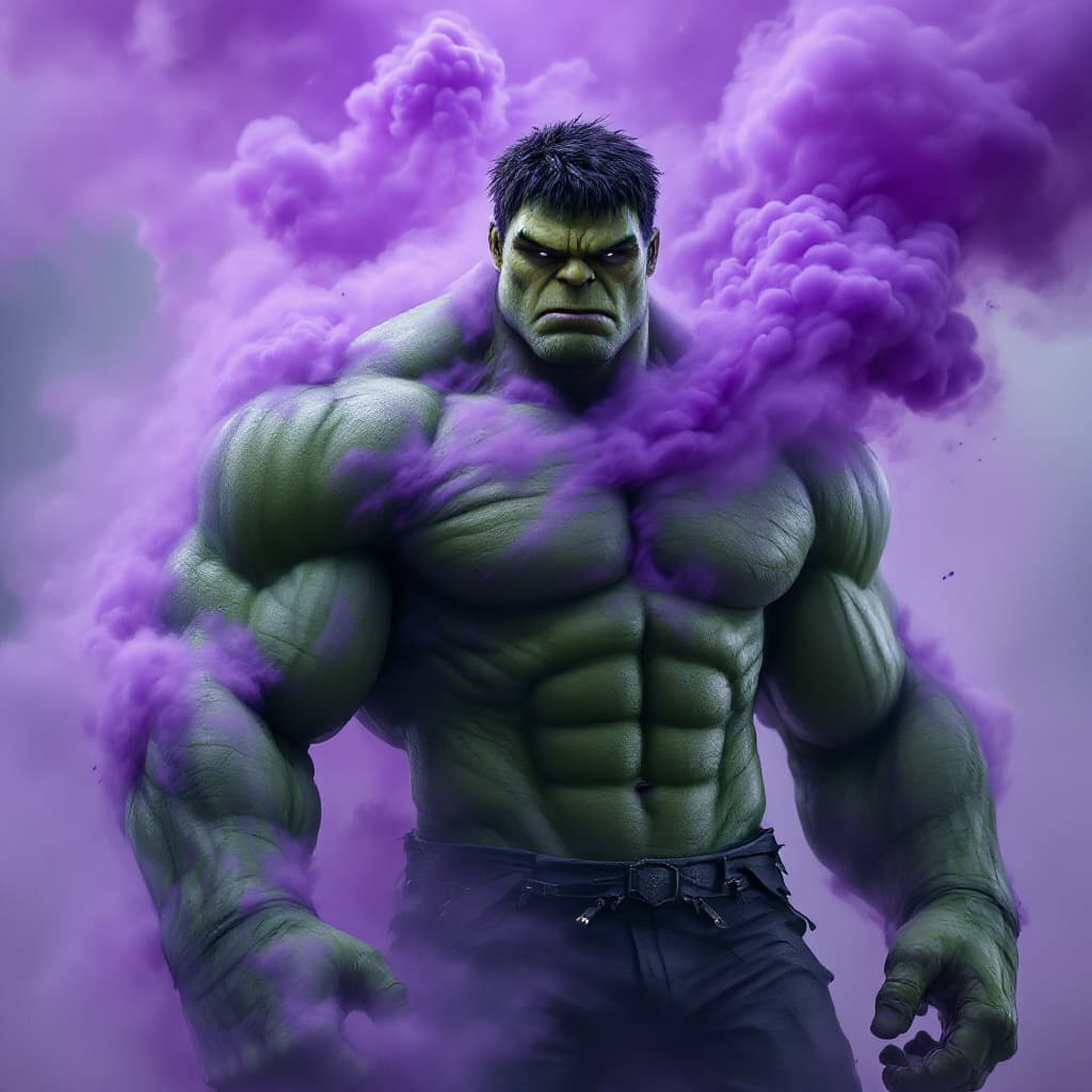 AI generated: purple smoke. hulk, muscular body, giant size, 4k, half robot