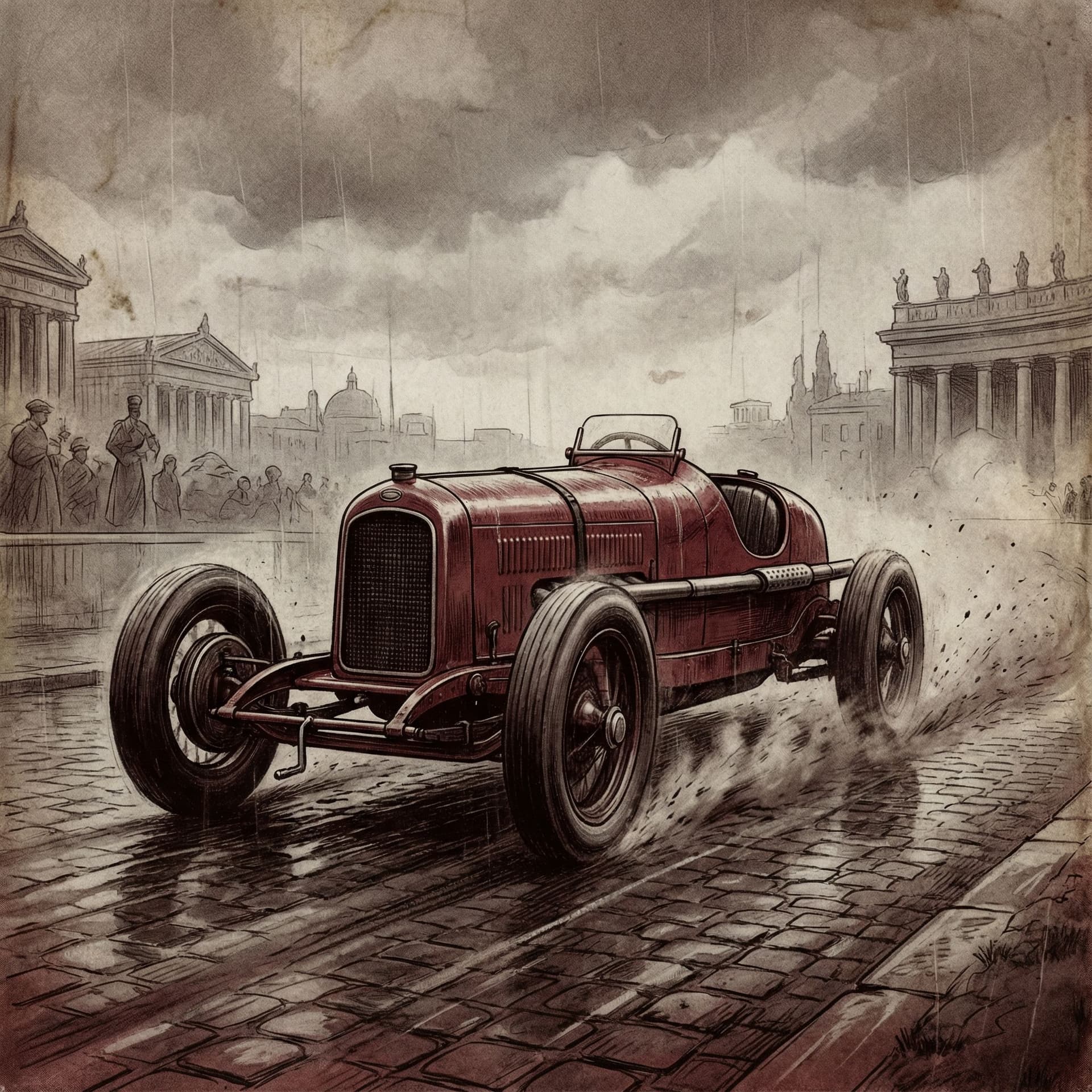 AI generated: red race car, in the style of sam spratt, historical illustrations, old masters, genndy tartakovsky,...