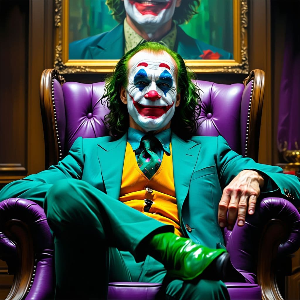 AI generated: a close up of a man in a green suit sitting in a chair, the riddler, joe biden as the joker in batma...