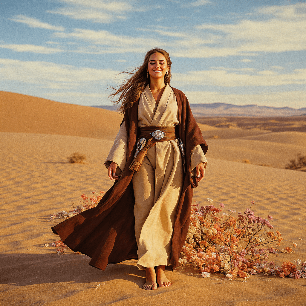 AI generated: full body view of  a woman Jedi master in deep meditation, smile, in jedioutfit, bareleg barefoot st...